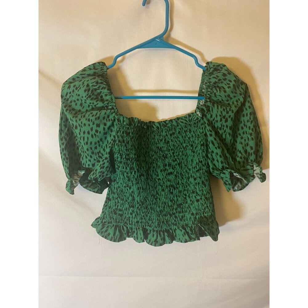 Animal Print large green top Cottagecore Boho puffy sleeves Crop Coquette Twee